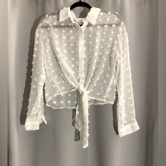 SHEIN Tops - Swiss Dot Button Up Tie Waist Blouse